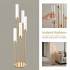 A tall, gold-toned, five-arm LED candle holder with clear glass candles, displayed against a neutral background.