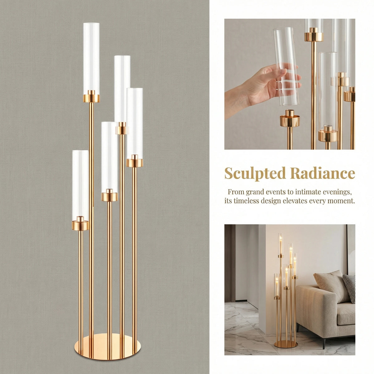 A tall, gold-toned, five-arm LED candle holder with clear glass candles, displayed against a neutral background.