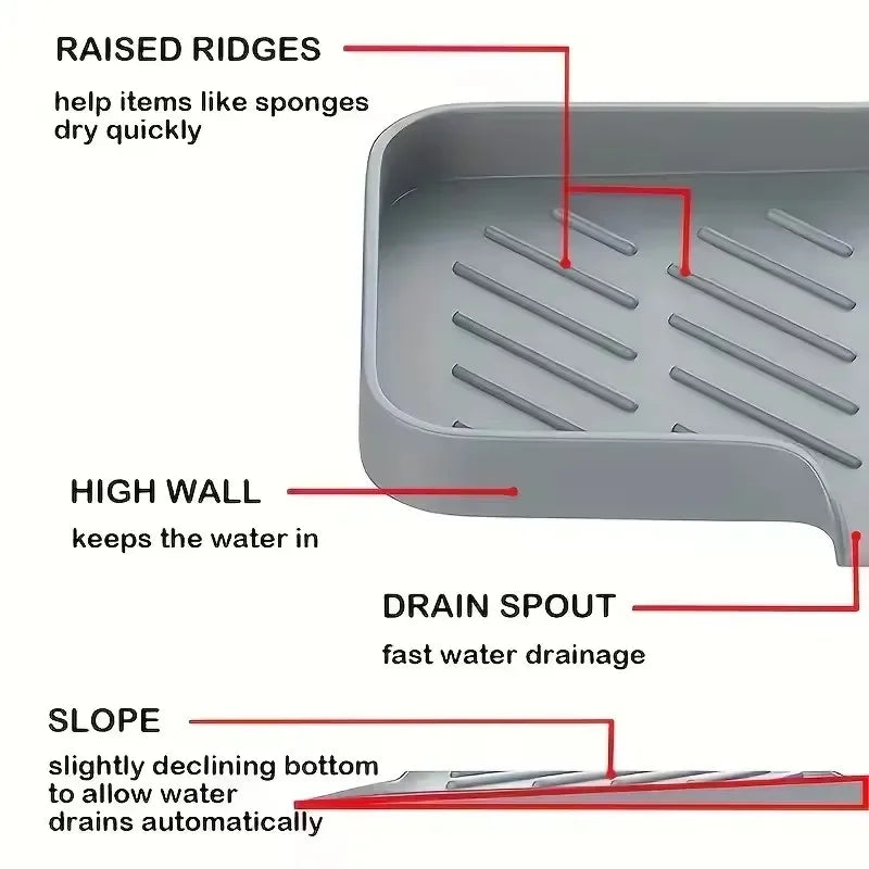 Close-up view of a silicone faucet splash guard and drying mat showing features like raised ridges, high wall, and a slope fo