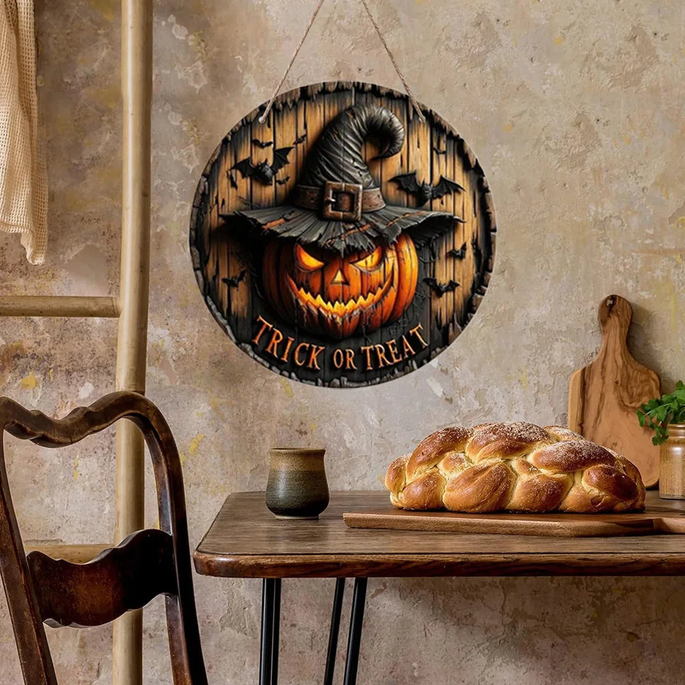 Panneau de décoration d'Halloween en bois rond avec une citrouille sculptée et un chapeau de sorcière sur fond rustique.