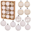 A set of twelve white and gold striped velvet Christmas hanging ornaments displayed in a cardboard box.