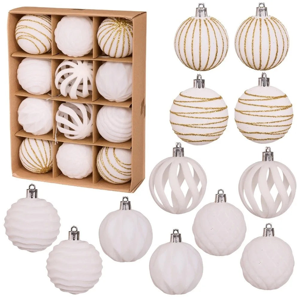 A set of twelve white and gold striped velvet Christmas hanging ornaments displayed in a cardboard box.