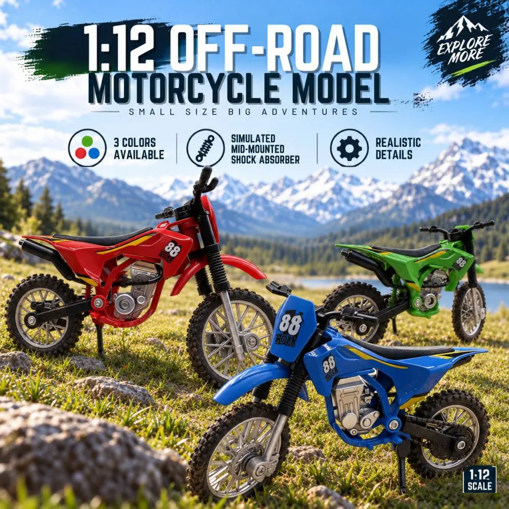 A collection of three 1:12 scale off-road motorcycle models in red, green, and blue against a natural outdoor background.