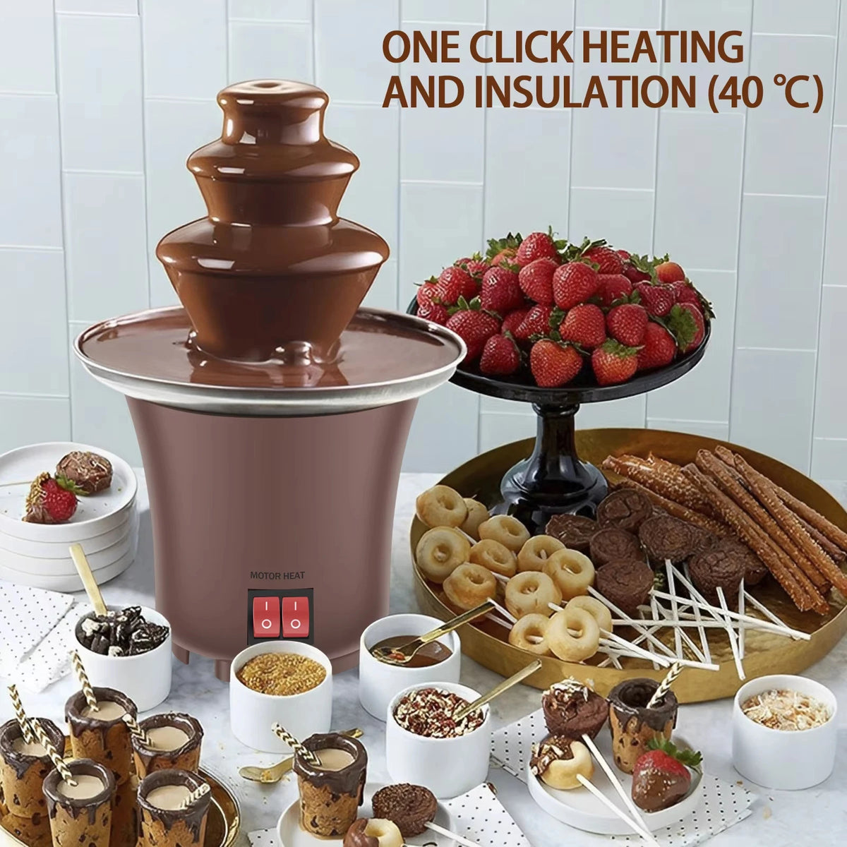 Eine braune elektrische Schokoladenfontäne mit frischen Erdbeeren und verschiedenen Schokoladenleckereien auf einer Servierpl
