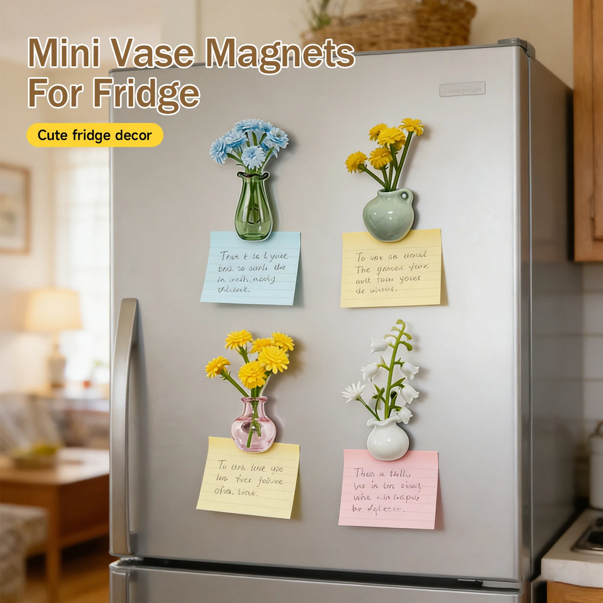 Mini ceramic vase magnets for the fridge featuring colorful flowers and handwritten notes