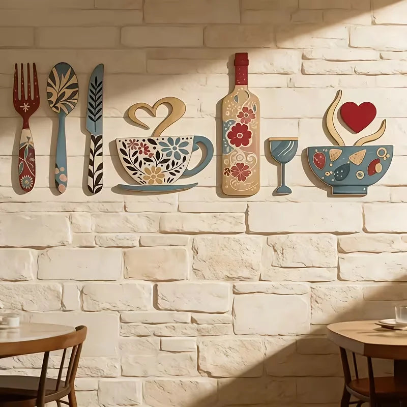 A set of seven rustic wooden wall decor pieces featuring a fork, cup, wine bottle, and glass art displayed on a white brick w