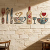 A set of seven rustic wooden wall decor pieces featuring a fork, cup, wine bottle, and glass art displayed on a white brick w