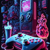 A glowing pink and purple console controller rests on a dark surface with neon wires, surrounded by digital art and gaming el