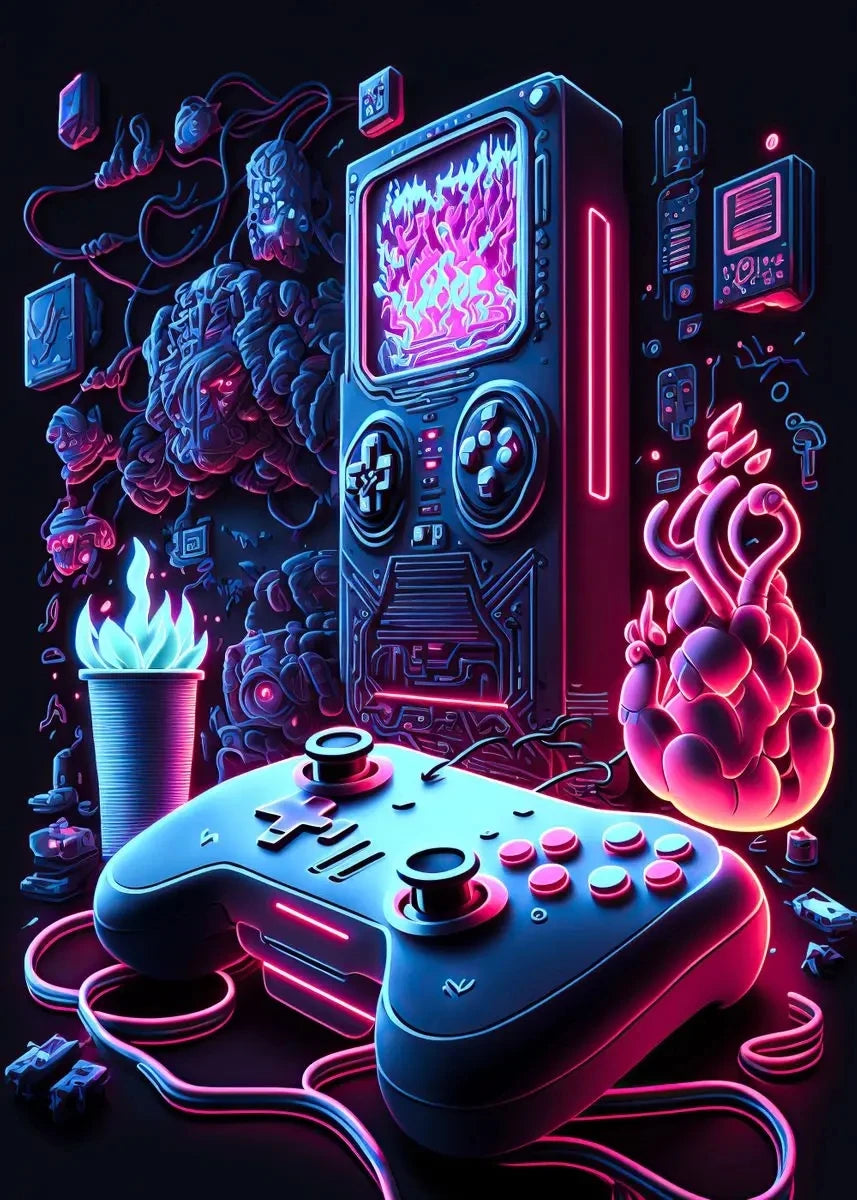 A glowing pink and purple console controller rests on a dark surface with neon wires, surrounded by digital art and gaming el