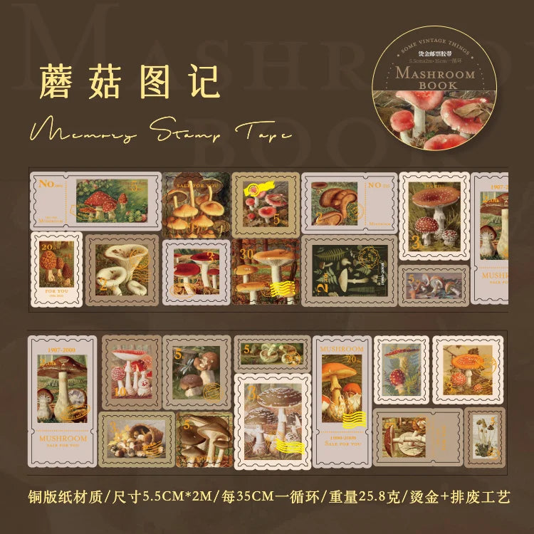 A collection of decorative washi tape featuring various mushroom designs and natural elements for scrapbooking