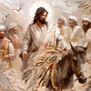 Peinture à l'huile de Jésus-Christ avec une auréole entouré de disciples et d'éléments de paille.