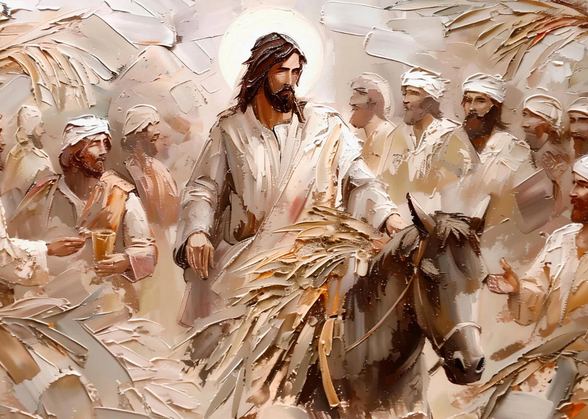 Peinture à l'huile de Jésus-Christ avec une auréole entouré de disciples et d'éléments de paille.