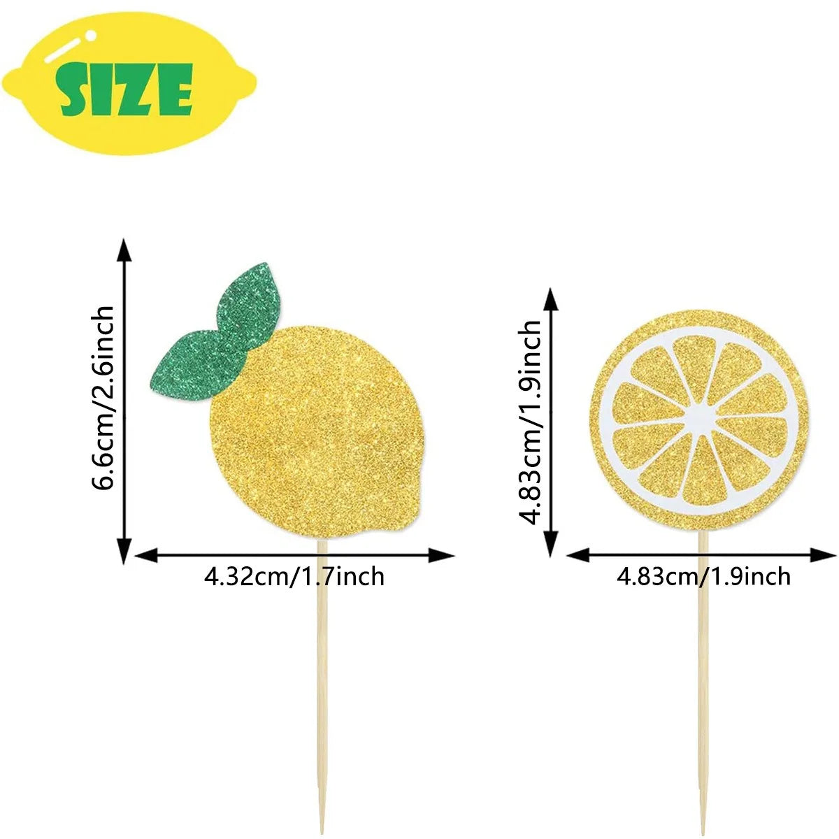 A set of yellow glitter fruit cake toppers on wooden sticks with a size indicator.