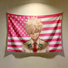 A tapestry wall hanging featuring a portrait of Bakugo Katsuki in an American flag design.