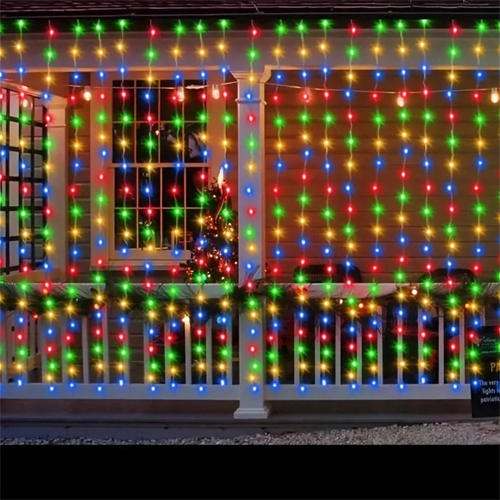 String lights draped across a window and porch railing for outdoor and indoor decoration