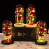 Three glass domes display artificial red roses illuminated by LED lights on a black box.