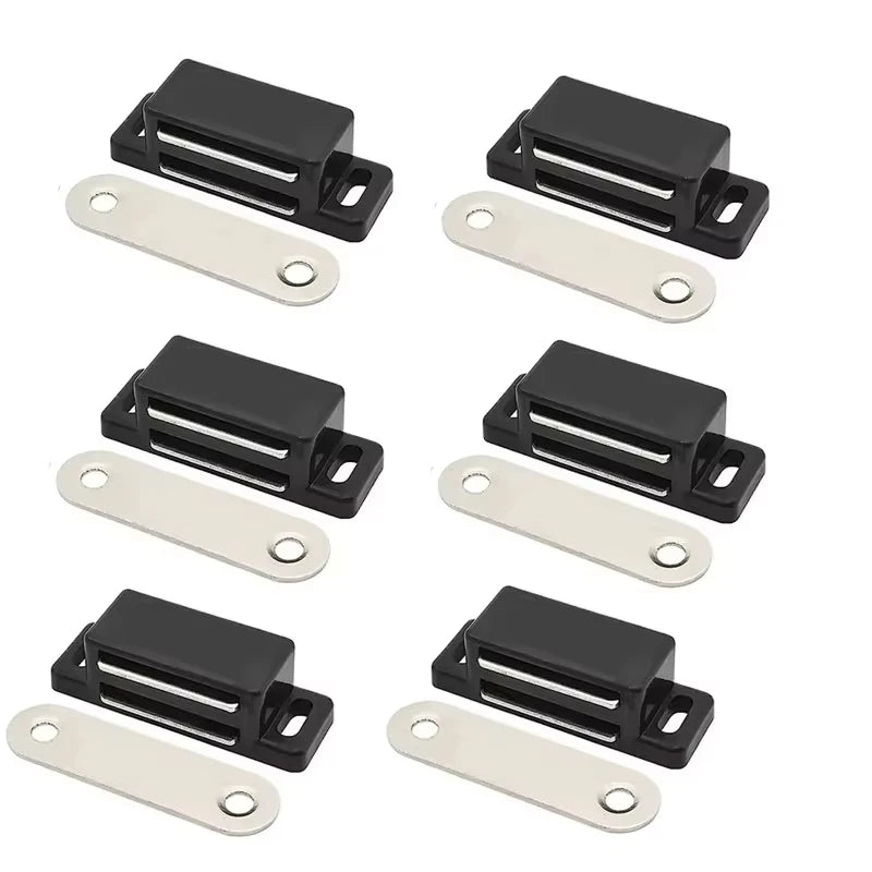 A set of twelve black magnetic cabinet door latch closures and corresponding silver mounting plates.