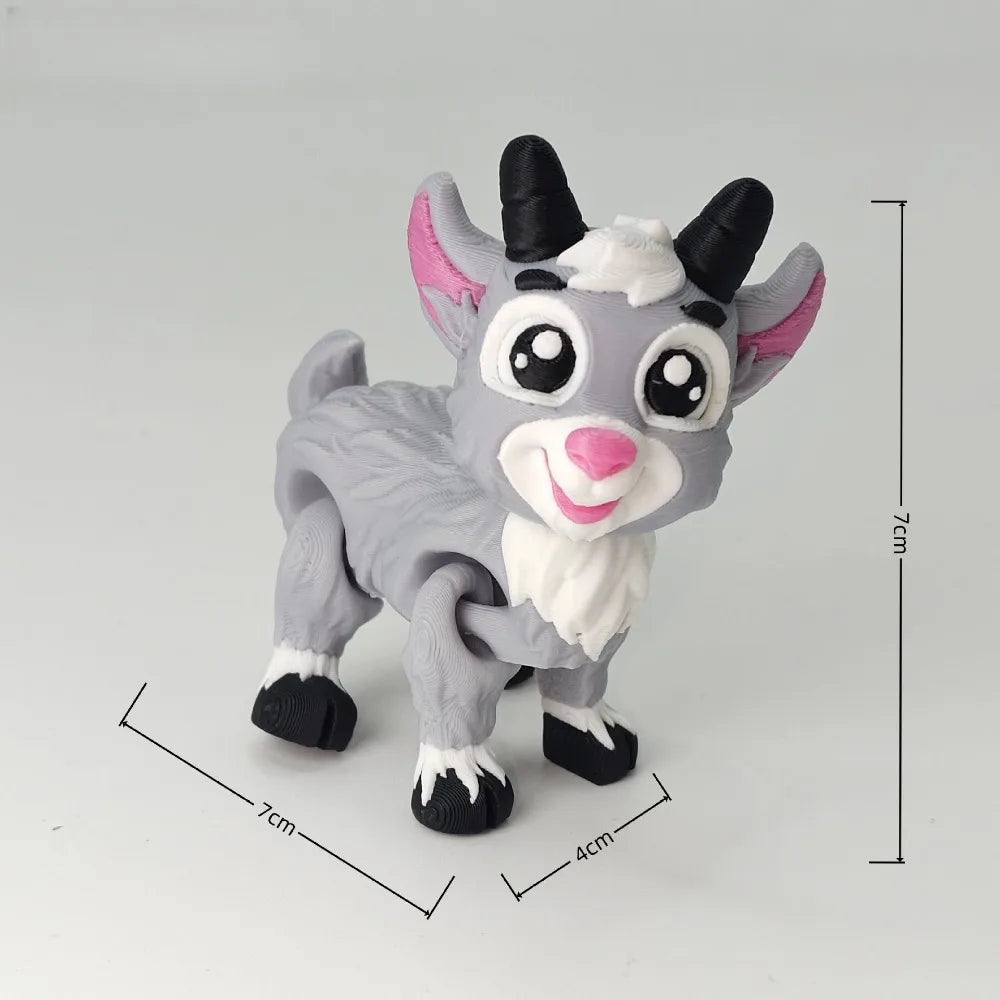 A gray 3D printed goat figurine with pink accents and movable joints, shown against a white background.