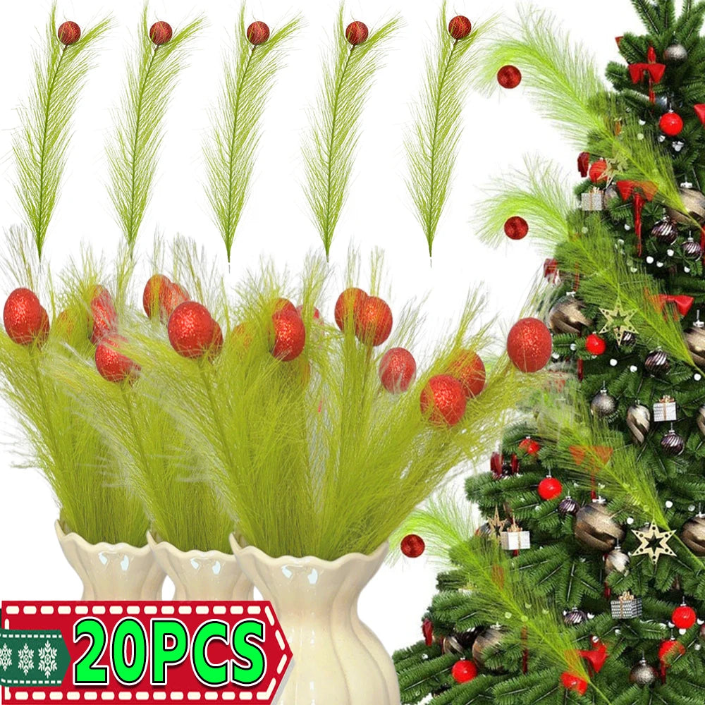 A collection of Christmas tree decor picks featuring bright green foliage and red berries.