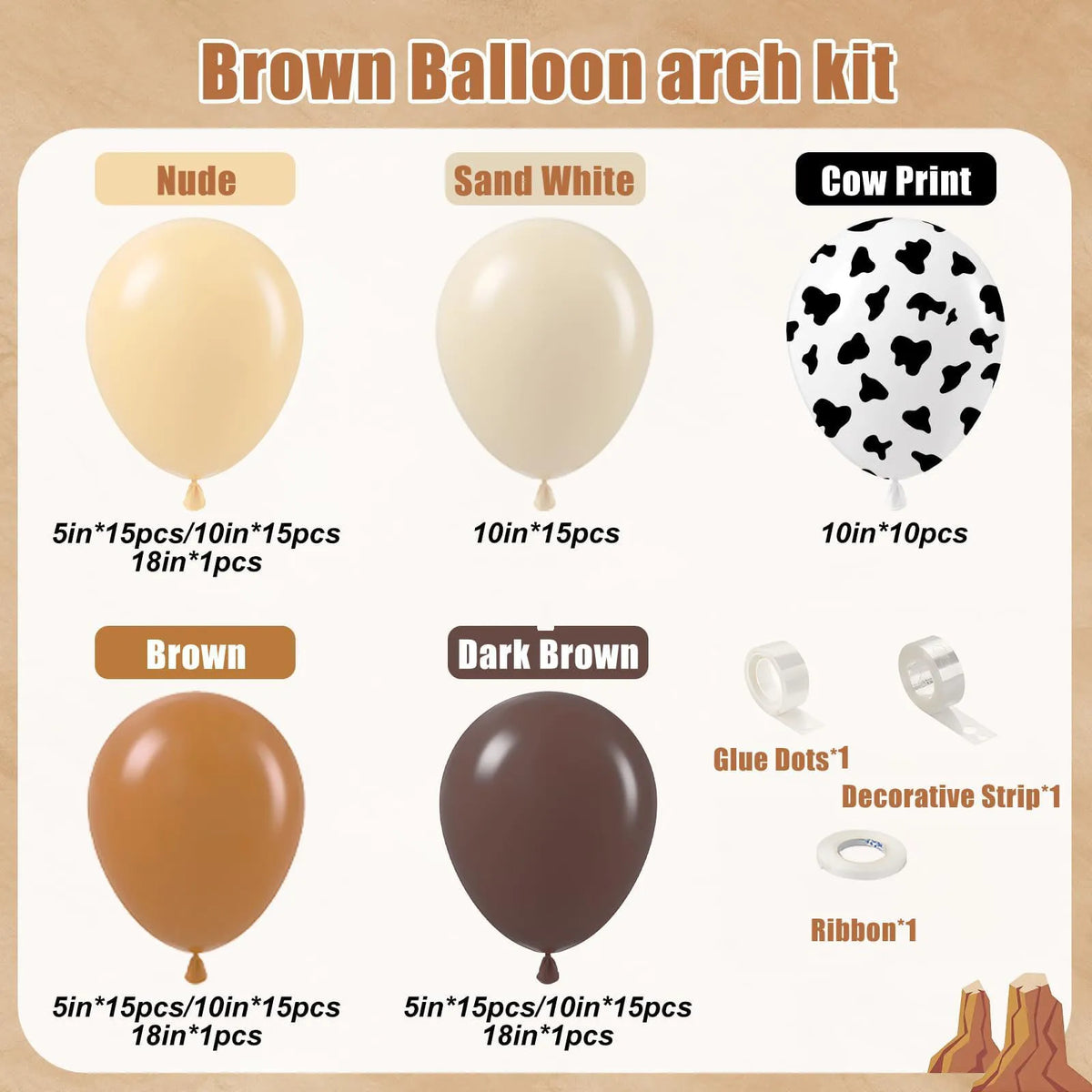 Kit de arco de globos marrón con colores nude, blanco arena, estampado de vaca, marrón y marrón oscuro, en varios tamaños.