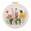 Punch needle embroidery kit featuring floral designs on stamped cloth with tools
