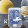 Clear plastic container holding a blue galaxy number birthday candle with a white planet design