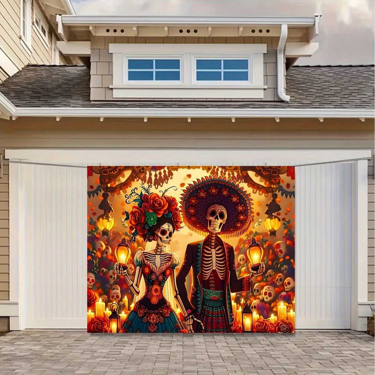 A large banner featuring sugar skull designs and vibrant flowers for festive decor displayed on a porch.