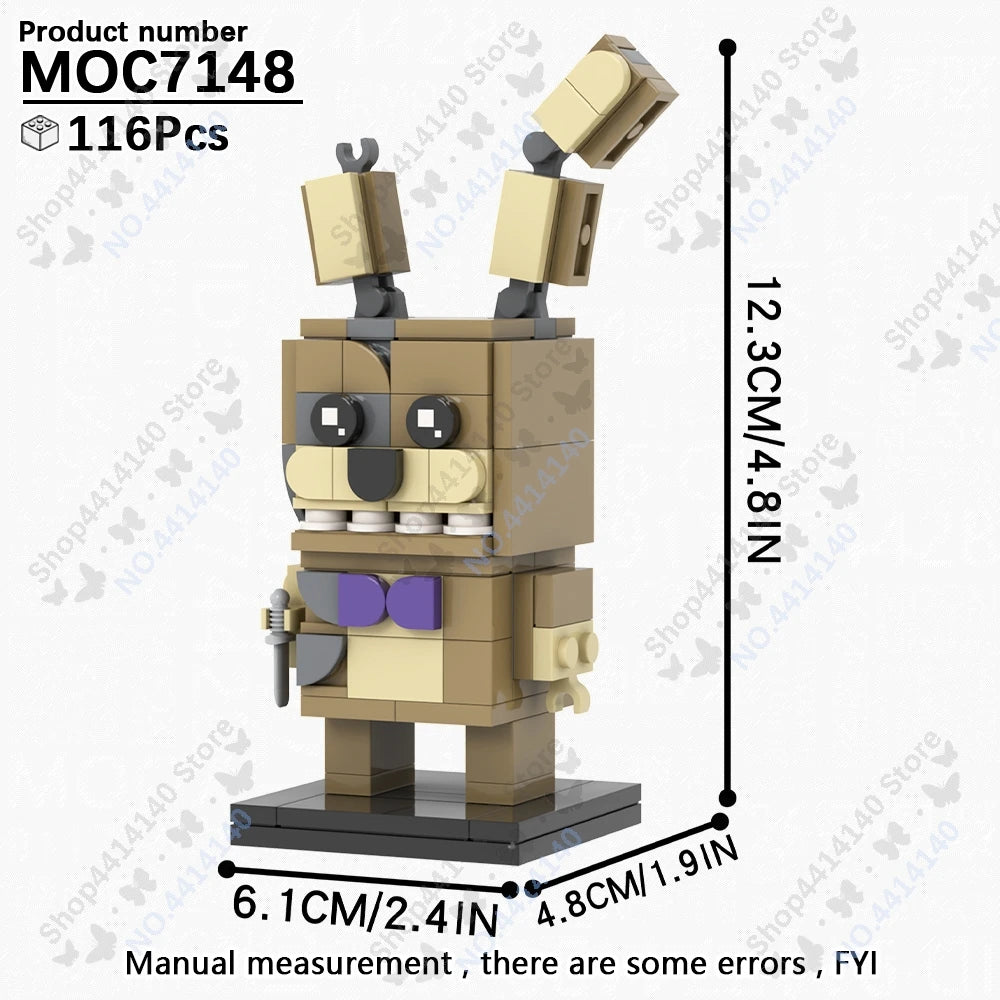 A beige and gray building block model of a character standing upright, shown in a side view.