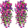 A vibrant artificial morning glory garland featuring purple and pink flowers.