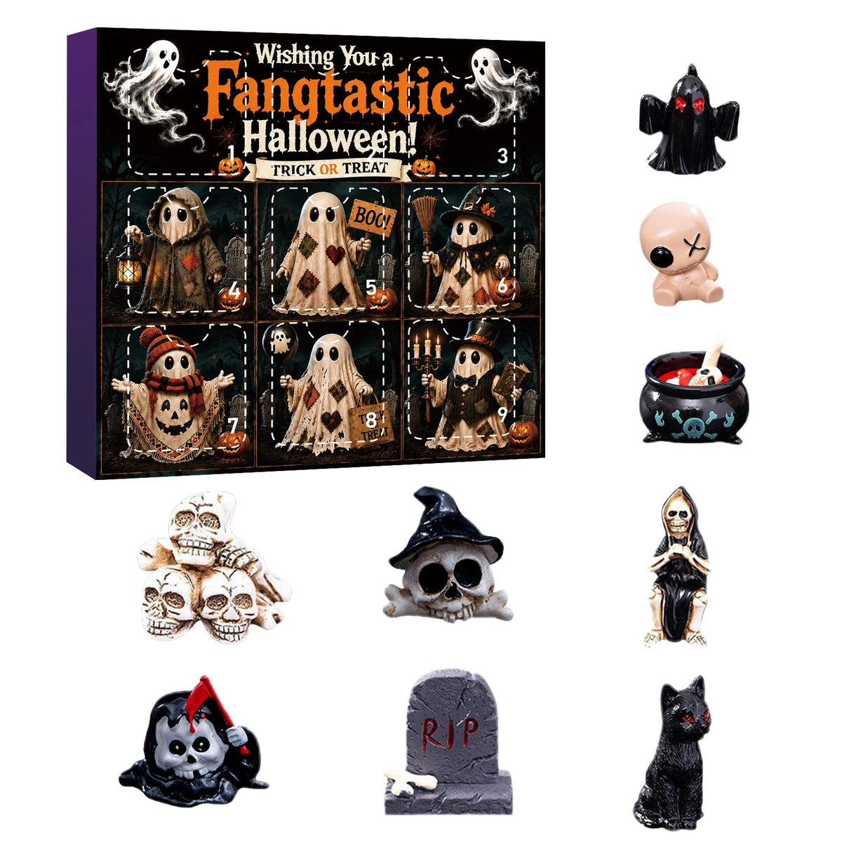 A box of a 24-Day Mystery Resin Figurine Advent Calendar featuring Halloween themed spooky figures and skulls.