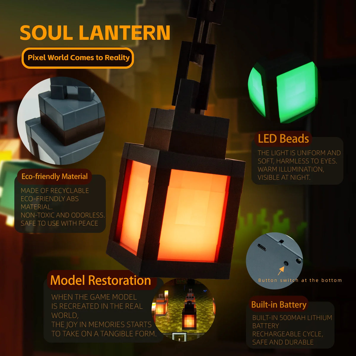 Une lanterne sombre avec une lueur orange illuminée, dotée de perles LED et d'une batterie intégrée.