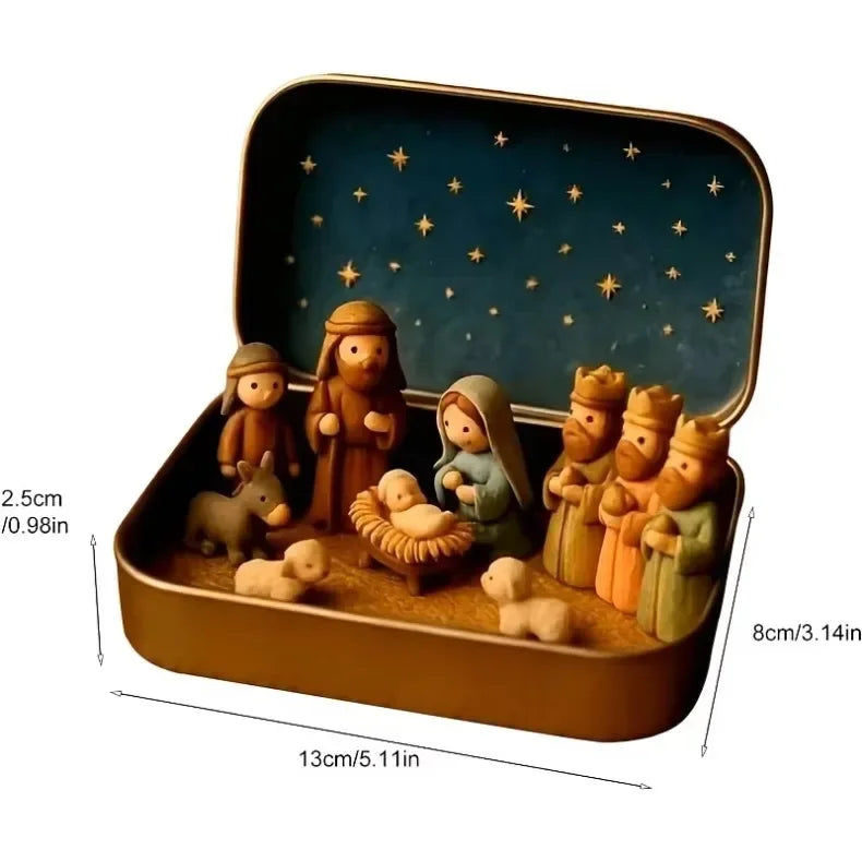 A nativity scene figurine set featuring figures and animals displayed inside a decorative storage box.