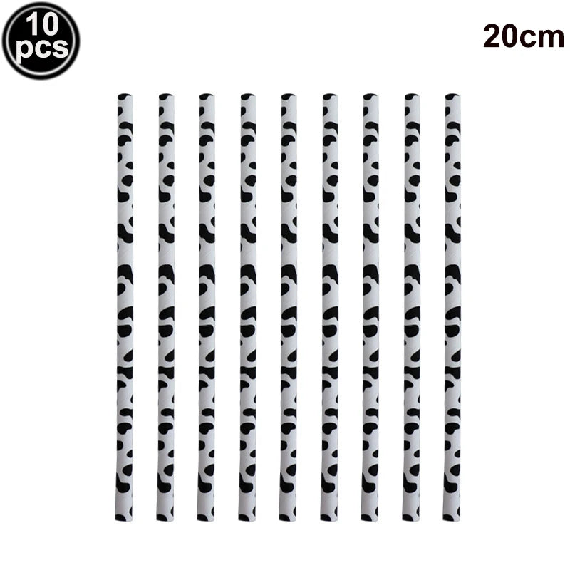 A set of ten cow print number foil balloons, 20cm long, for farm-themed parties.