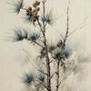 A delicate branch with blue-green, feathery foliage and small brown berries on a light background.