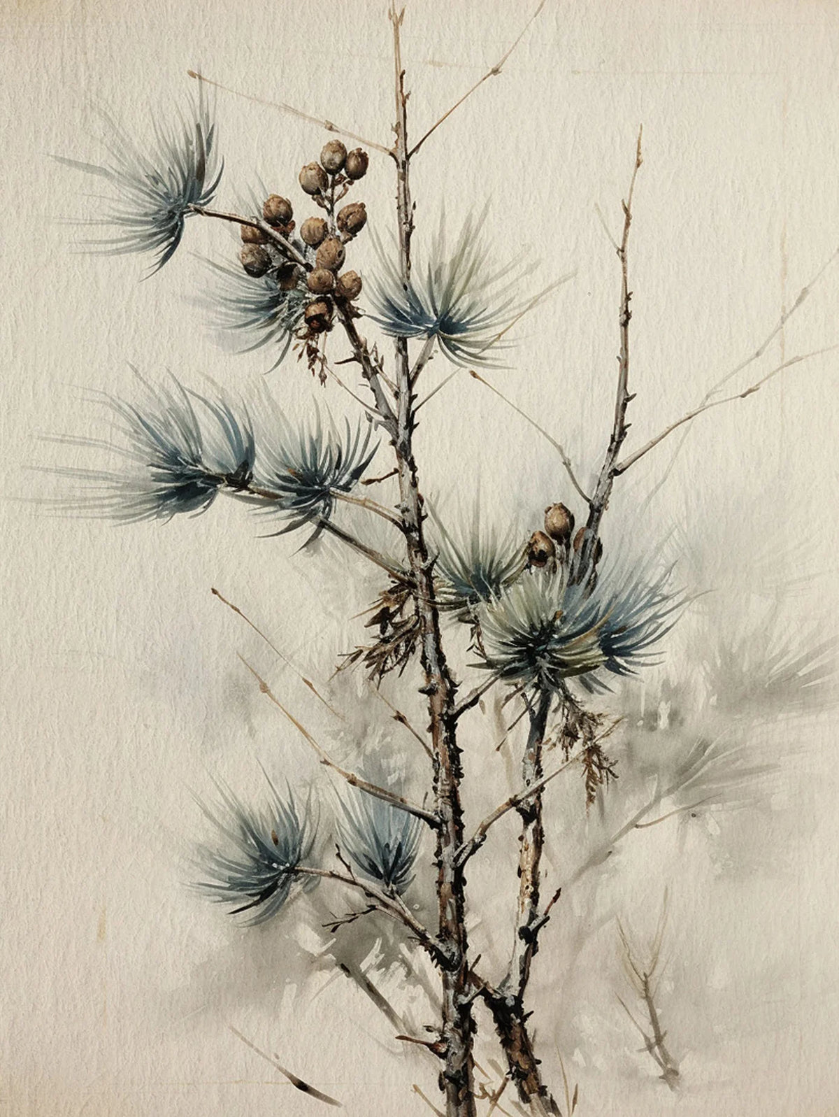 A delicate branch with blue-green, feathery foliage and small brown berries on a light background.