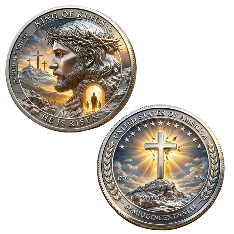 A commemorative coin featuring Jesus Christ with a crown of thorns and the inscription In God We Trust and He Is Risen