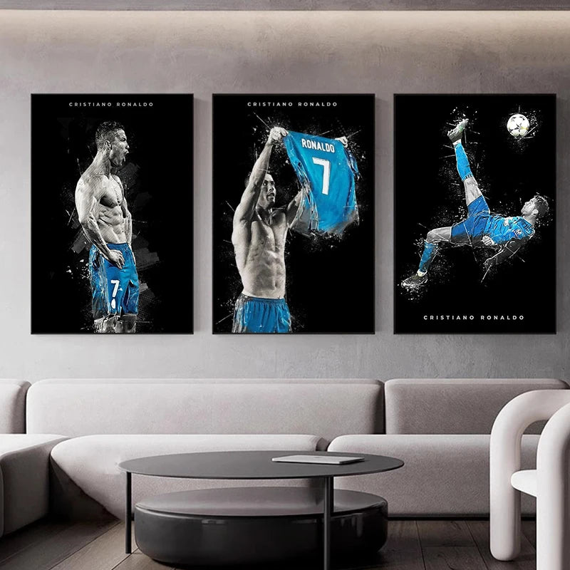Three framed canvas prints featuring Cristiano Ronaldo celebrating soccer with a blue ball