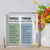 Acrylic desk sign divided into things I can control and things I can't control