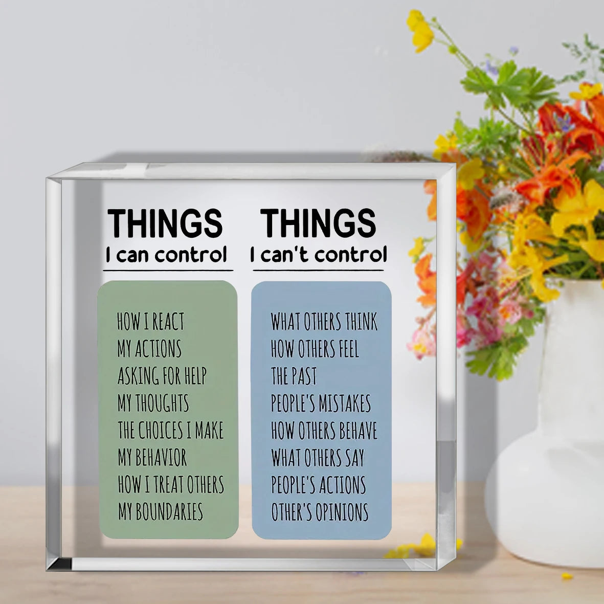 Acrylic desk sign divided into things I can control and things I can't control
