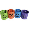 Four colorful fabric trick-or-treat bags in green, orange, blue, and purple with carved pumpkin designs