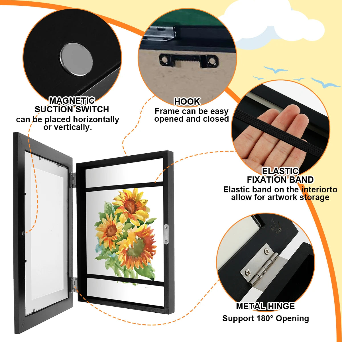 Display frame features a magnetic suction switch, hook, elastic fixation band, and metal hinge for artwork storage.