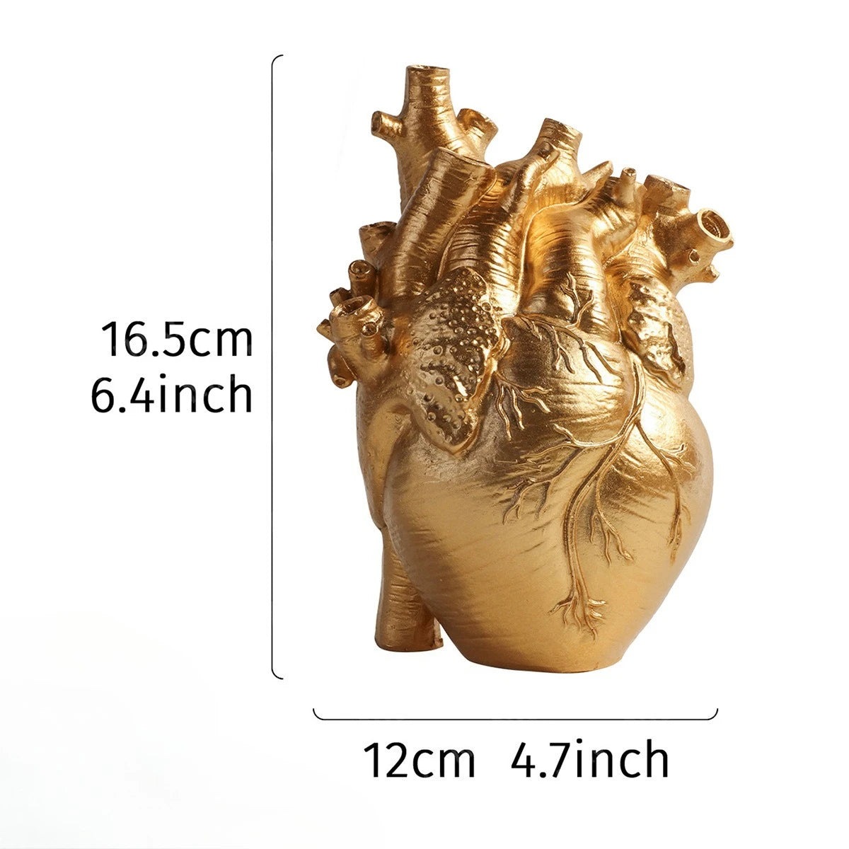 Gold heart-shaped resin tabletop vase with detailed anatomical features