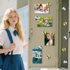 A young woman in a school uniform holds an open door featuring various gold star fridge magnets.