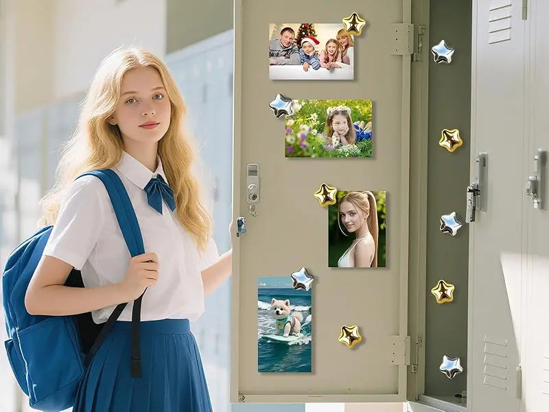 A young woman in a school uniform holds an open door featuring various gold star fridge magnets.