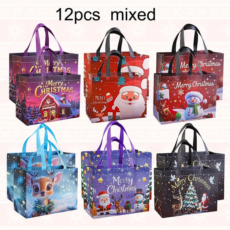 Twelve mixed reusable non-woven Christmas gift bags featuring various festive designs and colors.