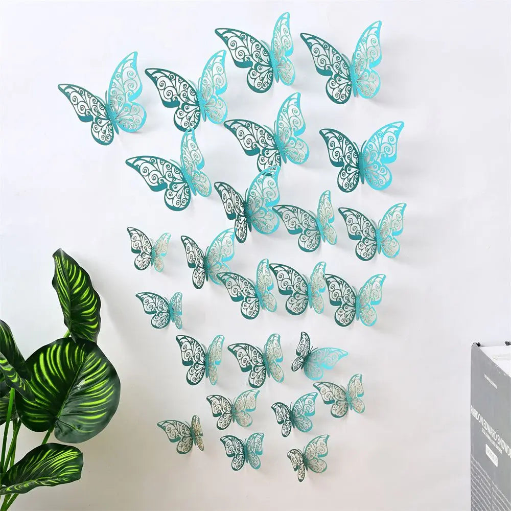 A set of 3D hollow butterfly wall decals in various shades of blue and green on a white background.