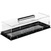 Clear acrylic rectangular dessert display stand with a lid featuring black marbleized glass.