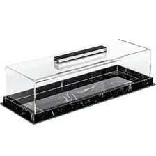 Clear acrylic rectangular dessert display stand with a lid featuring black marbleized glass.