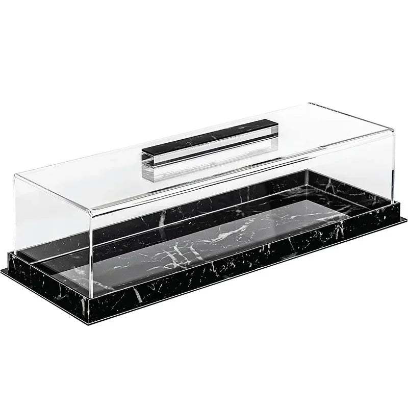 Clear acrylic rectangular dessert display stand with a lid featuring black marbleized glass.