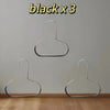 Three black metal hat organizer racks hanging on a white wall.